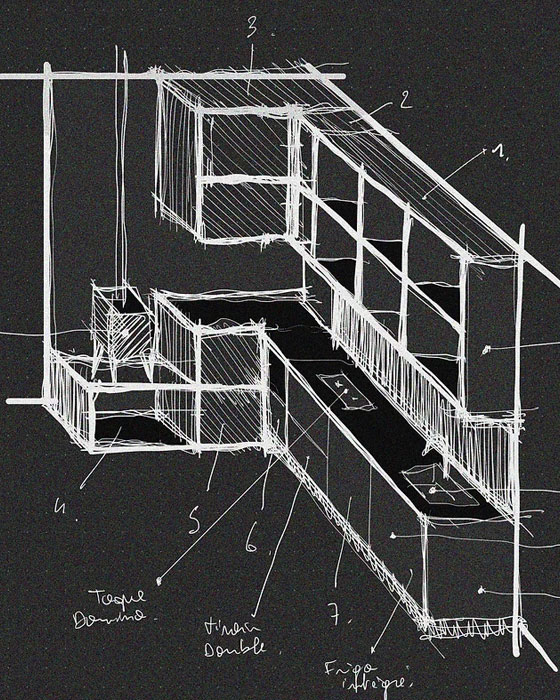 plan d'une cuisine avec dessin en perspective